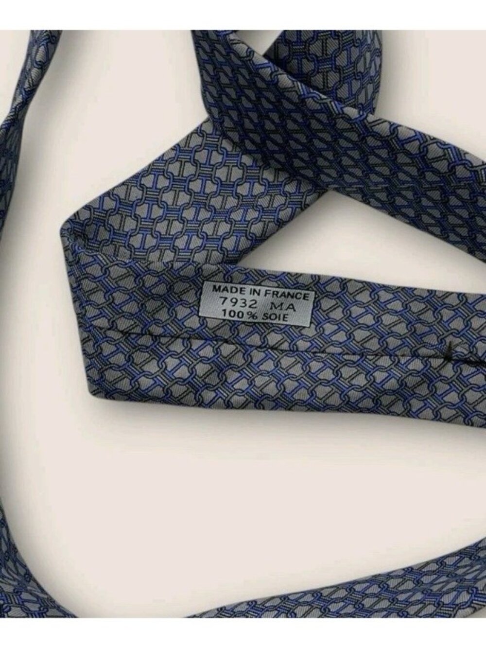 HERMÈS 7932 MA Silk Tie FRANCE Gray Blue Geometric Monogram H W:3.5" EUC - Picture 3 of 6